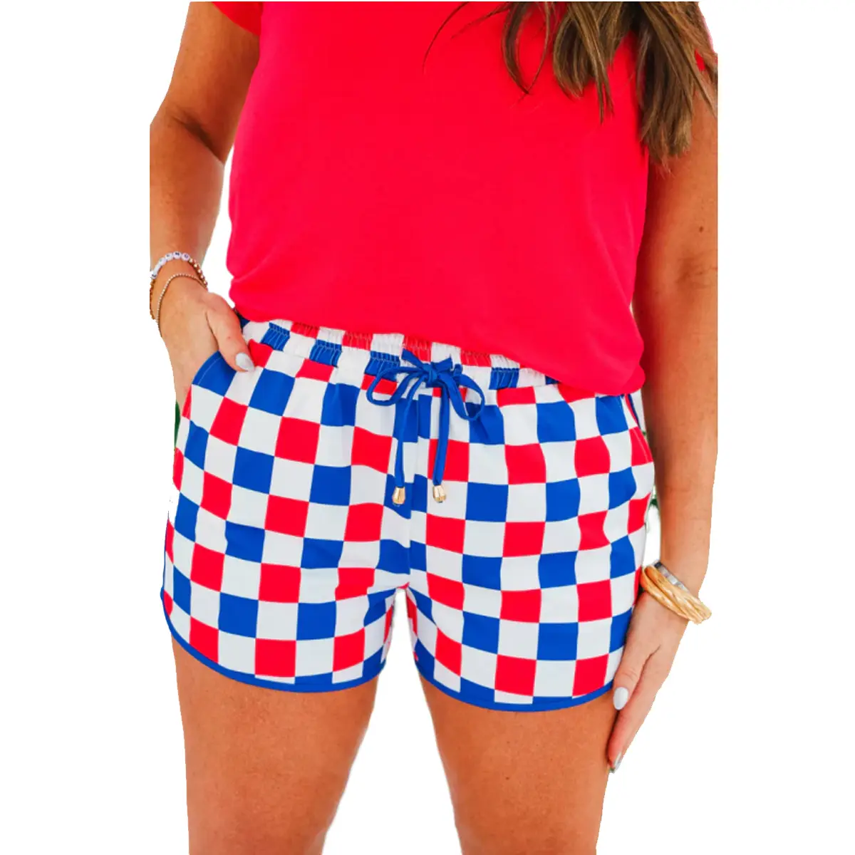 Women's Checkered Drawstring Elastic Waist Casual Shorts