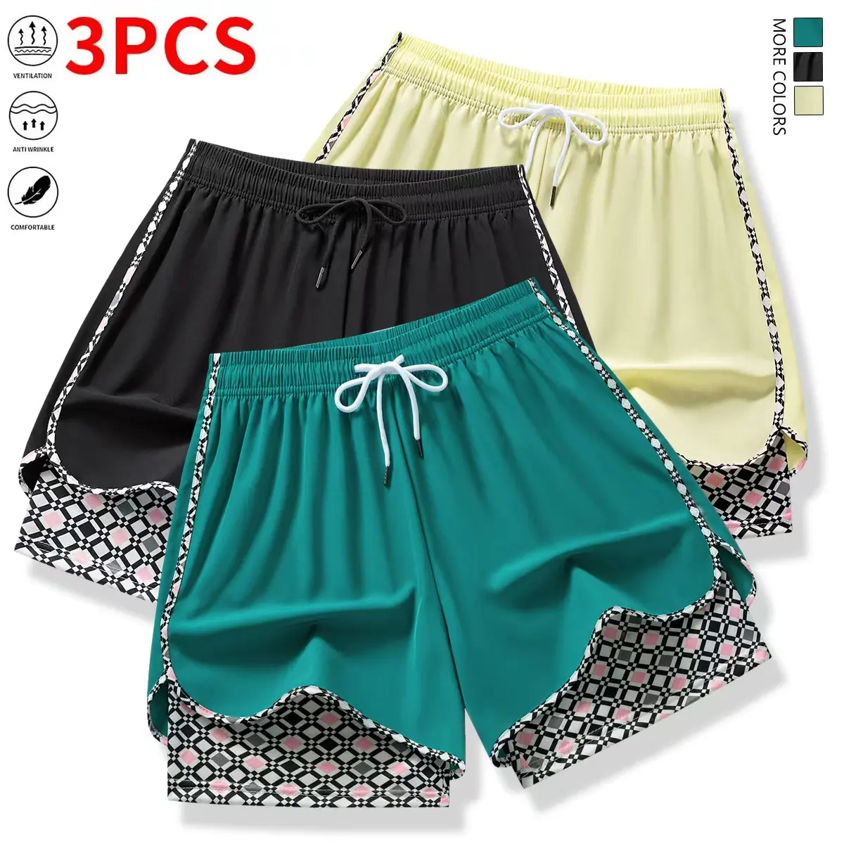 Set of 3 women’s casual athletic shorts featuring elastic waistband with lining