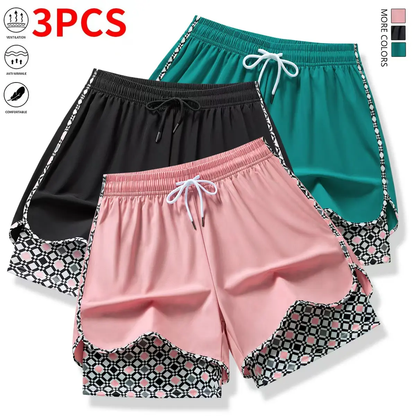 Set of 3 women’s casual athletic shorts featuring elastic waistband with lining