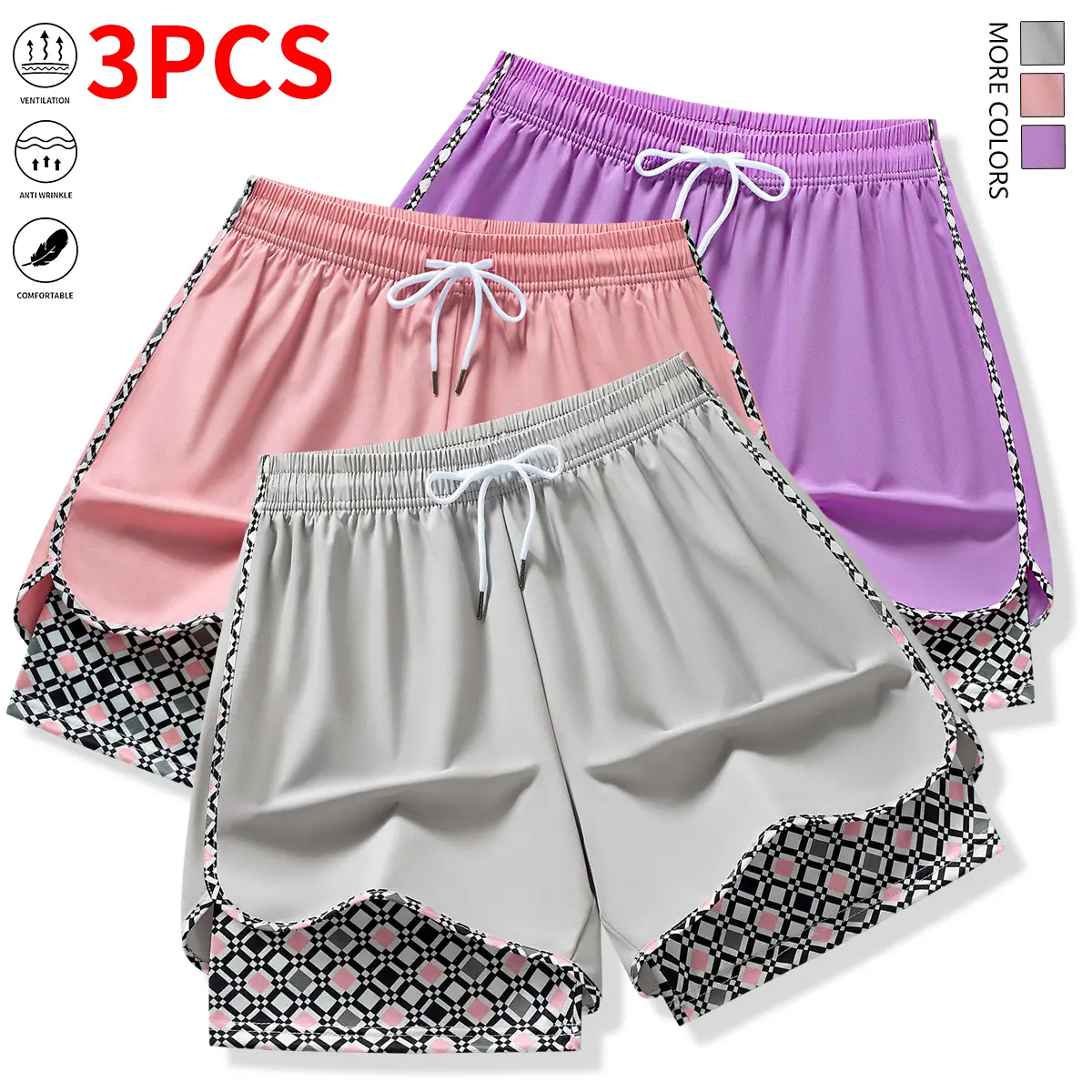 Set of 3 women’s casual athletic shorts featuring elastic waistband with lining