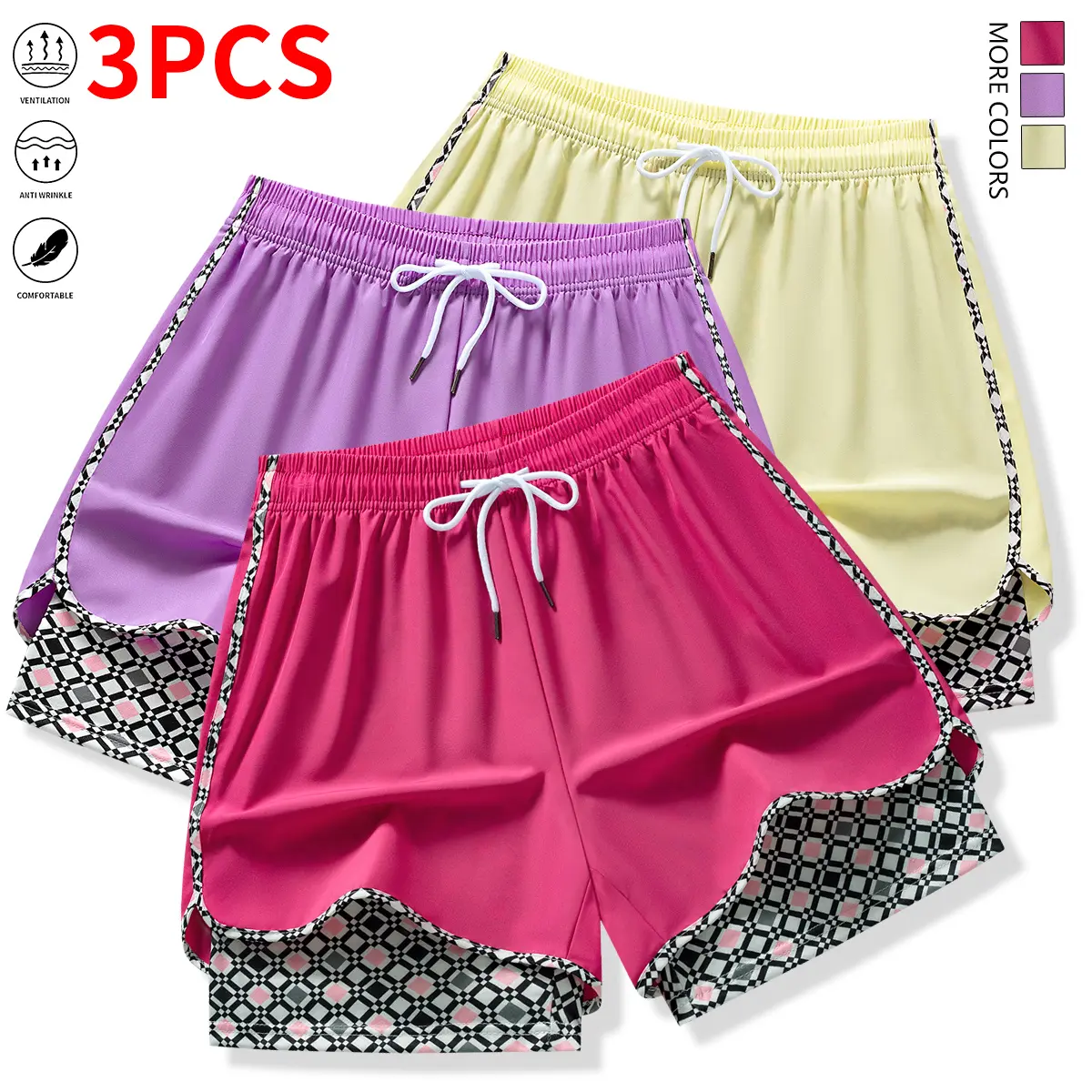 Set of 3 women’s casual athletic shorts featuring elastic waistband with lining
