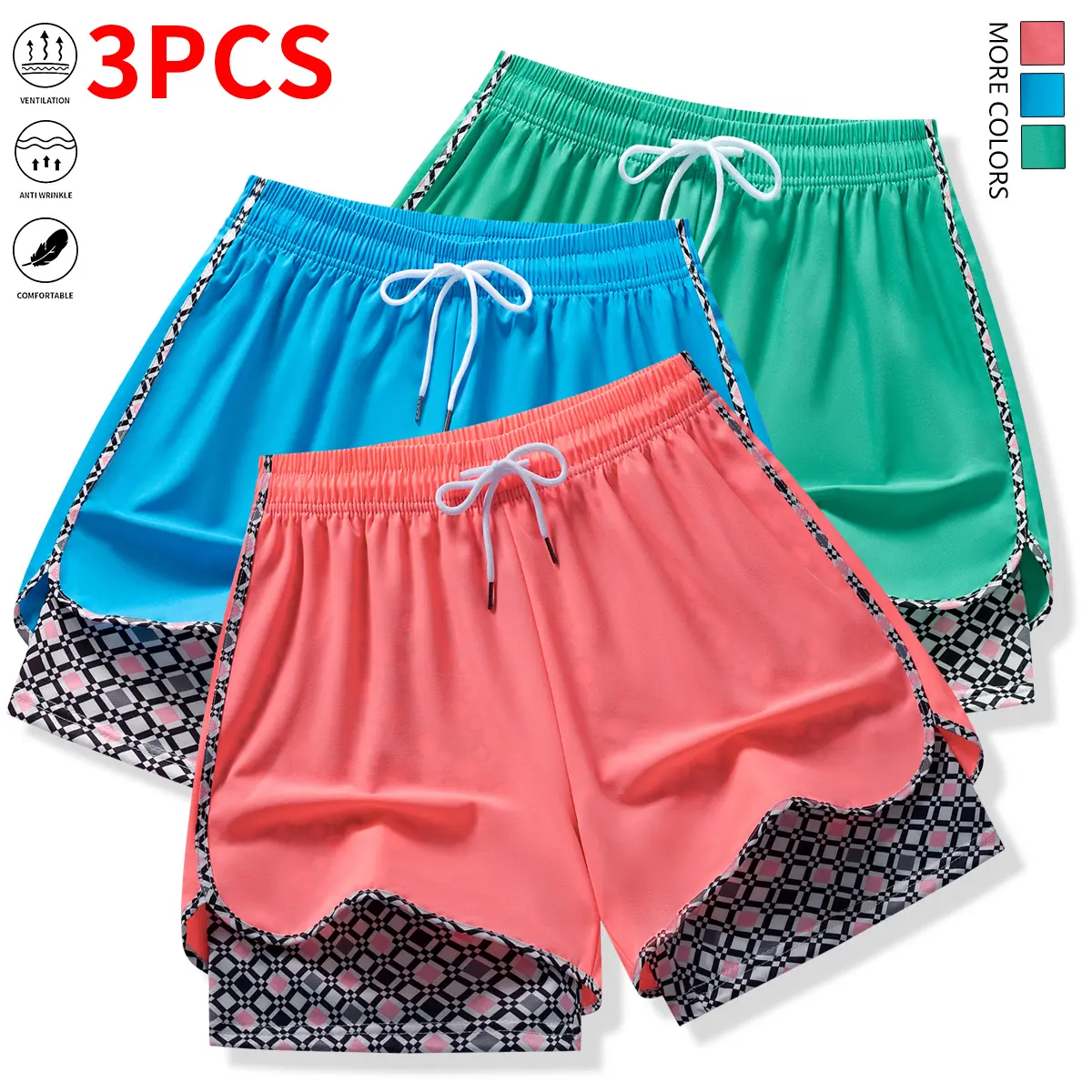 Set of 3 women’s casual athletic shorts featuring elastic waistband with lining