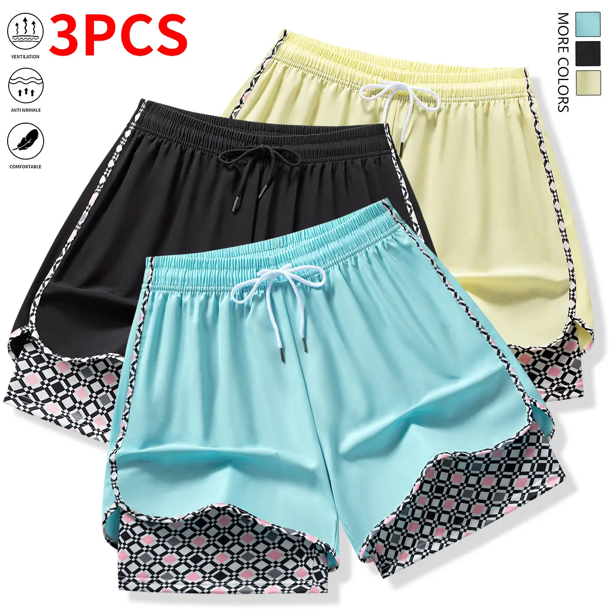 Set of 3 women’s casual athletic shorts featuring elastic waistband with lining