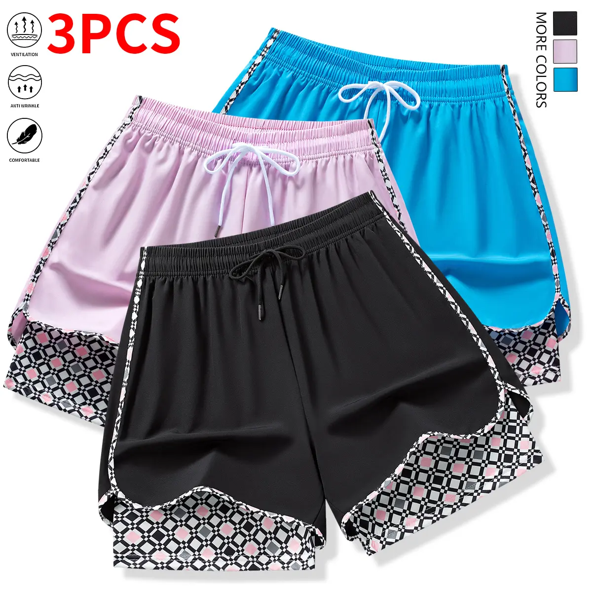 Set of 3 women’s casual athletic shorts featuring elastic waistband with lining