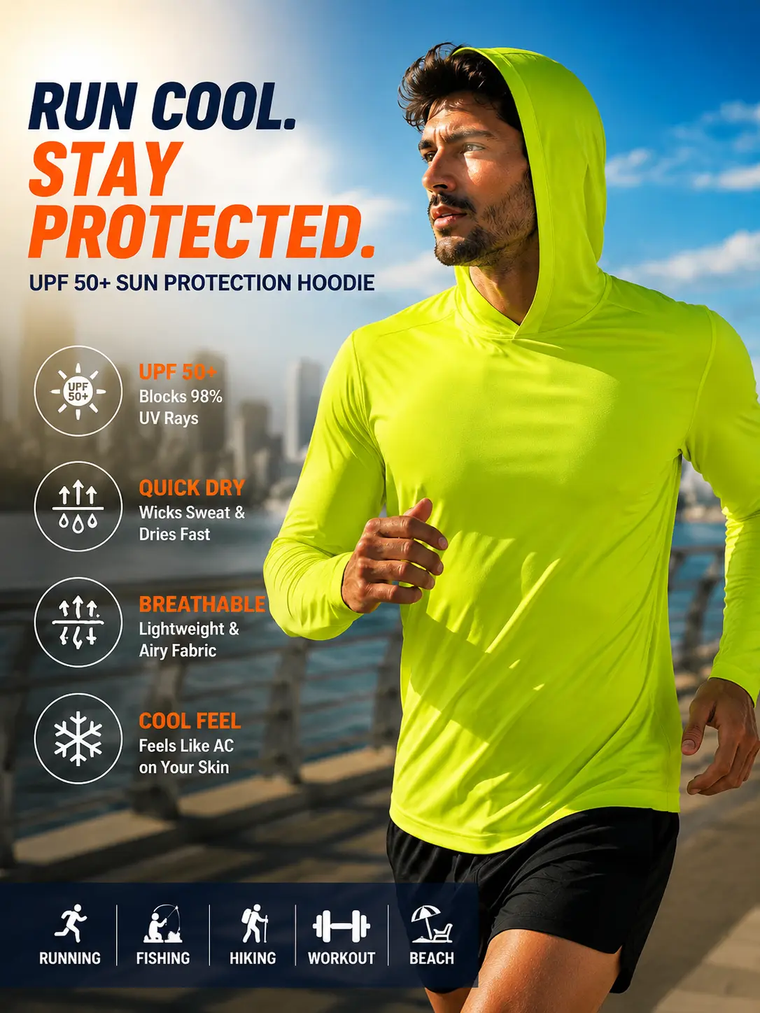 Men UPF 50+ Sun Protection Hoodie Long Sleeve T Shirts Pack Quick Dry Shirt