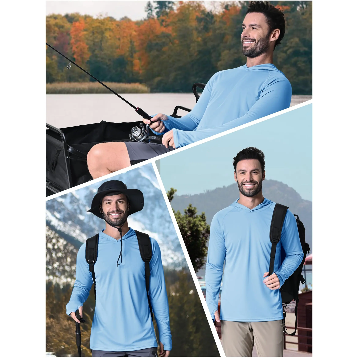 Men's Hooded UPF 50+ Long Sleeve Shirts Quick Dry Athletic Fishing Shirts Rash Guards