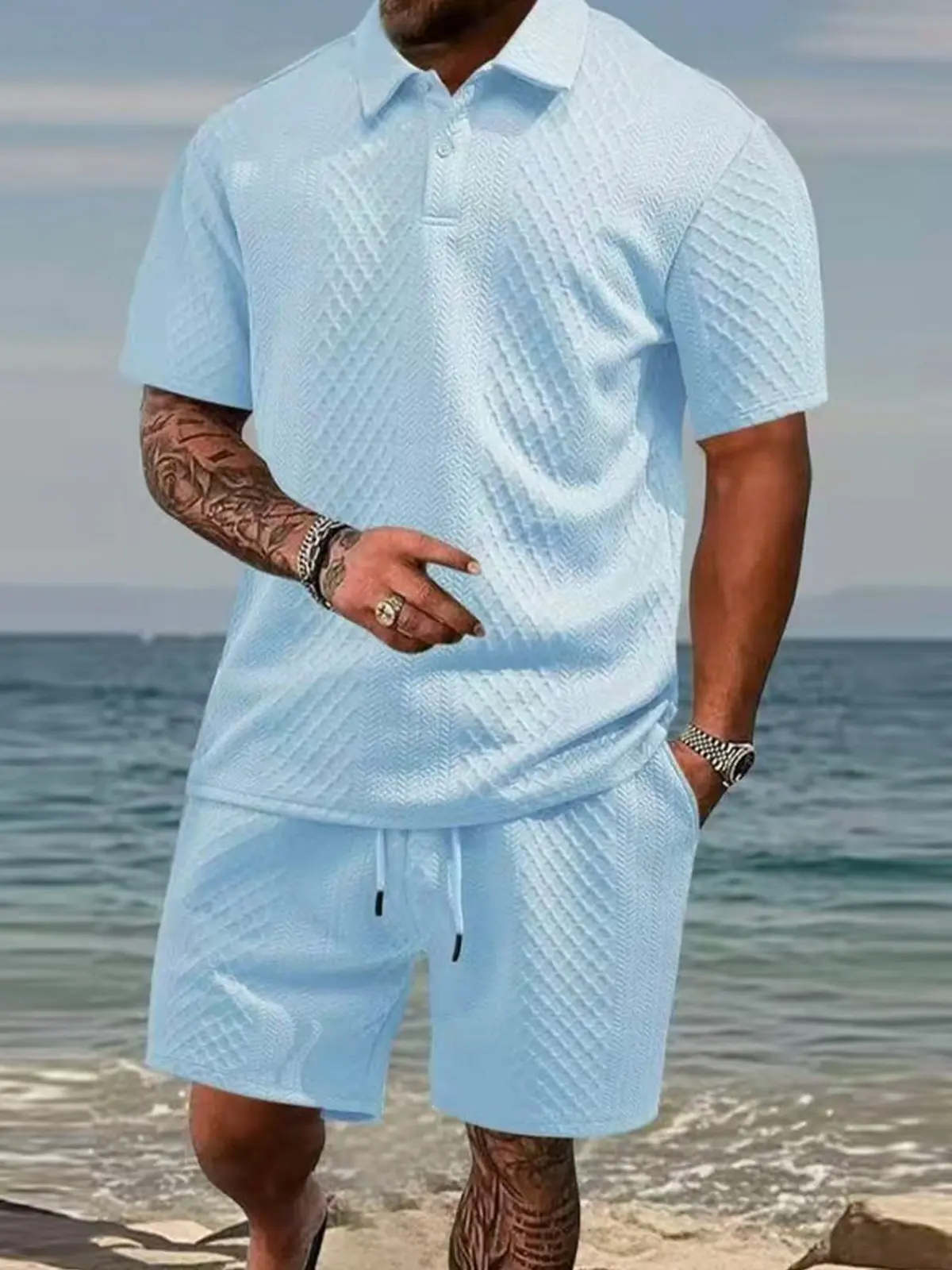 Men's summer casual texture fabric solid color polo shirt T-shirt shorts 2-piece set