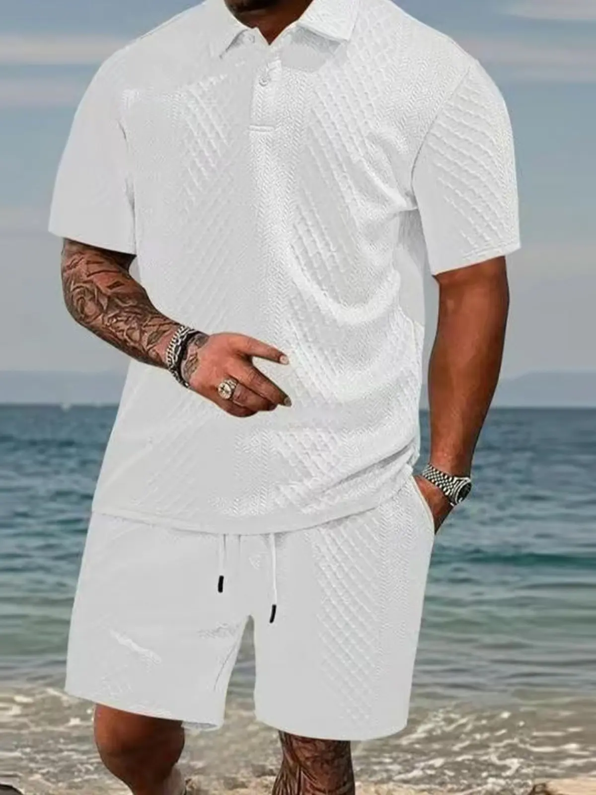 Men's summer casual texture fabric solid color polo shirt T-shirt shorts 2-piece set