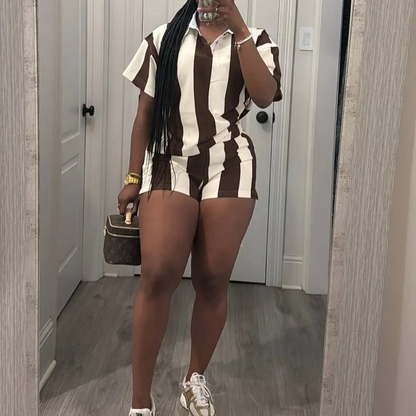 Women's 2026 Spring Two Piece Set Striped Short Sleeve