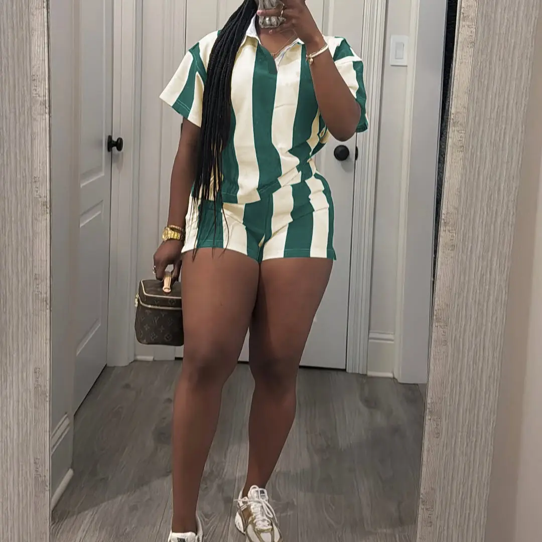 Women's 2026 Spring Two Piece Set Striped Short Sleeve