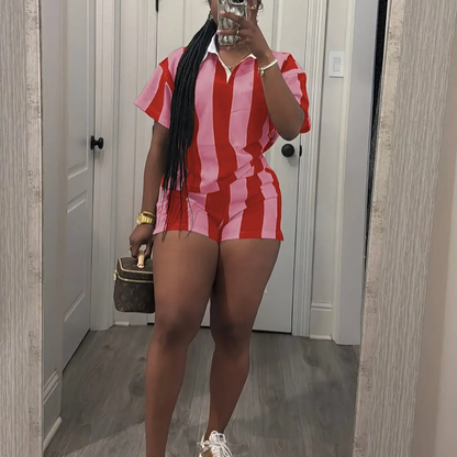 Women's 2026 Spring Two Piece Set Striped Short Sleeve