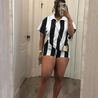 Women's 2026 Spring Two Piece Set Striped Short Sleeve