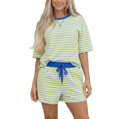 Women's Stripe Two Piece Set Drop Shoulder Casual T Shirt & Short Set