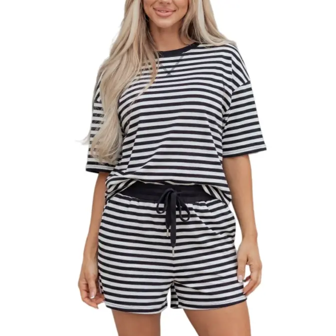 Women's Stripe Two Piece Set Drop Shoulder Casual T Shirt & Short Set