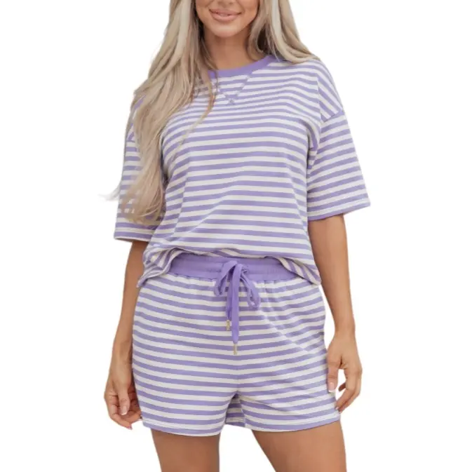 Women's Stripe Two Piece Set Drop Shoulder Casual T Shirt & Short Set