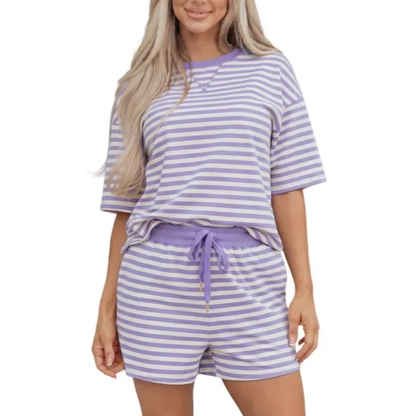 Women's Stripe Two Piece Set Drop Shoulder Casual T Shirt & Short Set