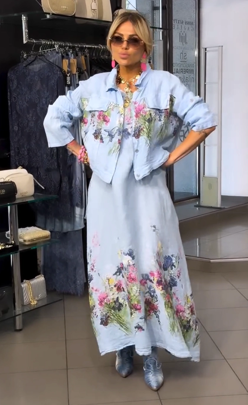 Floral Meadow Linen-Blend Maxi Dress & Cropped Shirt Set