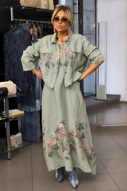 Floral Meadow Linen-Blend Maxi Dress & Cropped Shirt Set