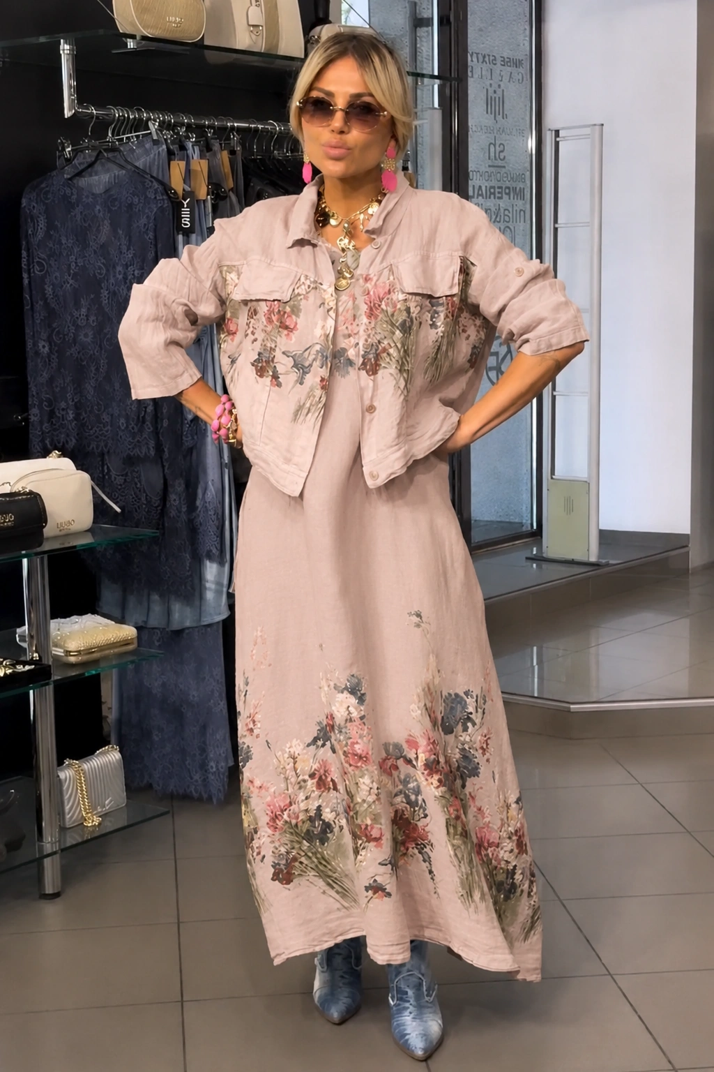 Floral Meadow Linen-Blend Maxi Dress & Cropped Shirt Set