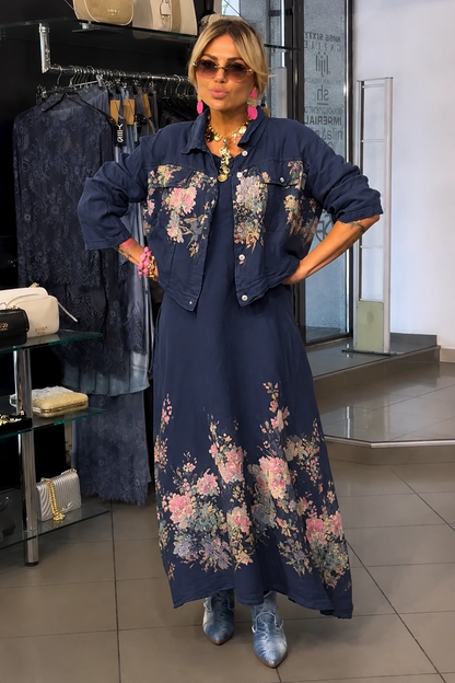 Floral Meadow Linen-Blend Maxi Dress & Cropped Shirt Set