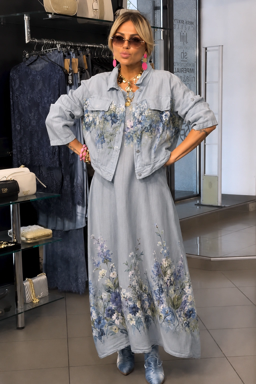Floral Meadow Linen-Blend Maxi Dress & Cropped Shirt Set