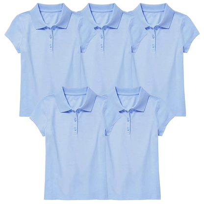 5 Pack Girls Short Sleeve Stretch Pique Polo Shirts School Uniform