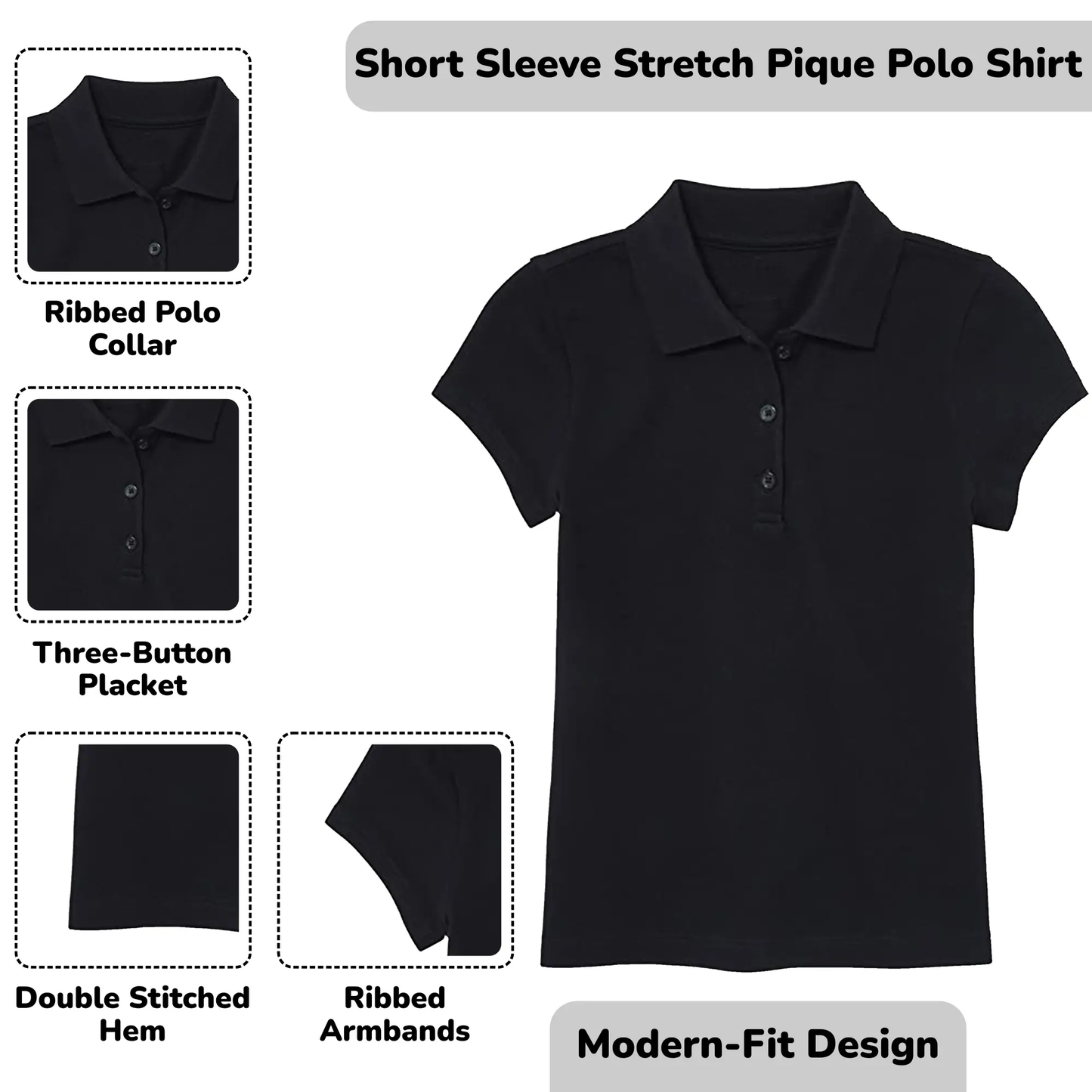 5 Pack Girls Short Sleeve Stretch Pique Polo Shirts School Uniform