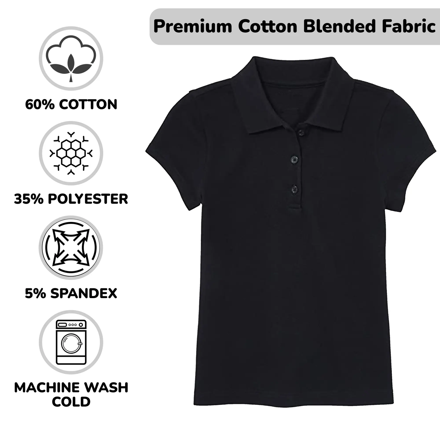 5 Pack Girls Short Sleeve Stretch Pique Polo Shirts School Uniform