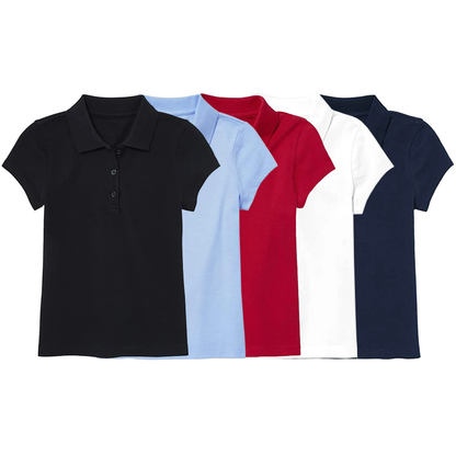 5 Pack Girls Short Sleeve Stretch Pique Polo Shirts School Uniform