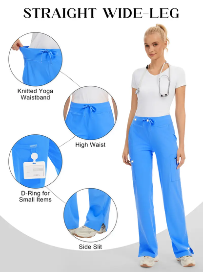 High Rise Yoga Scrub Pants Women - Straight Leg Uniform Pants with Cargo Pocket