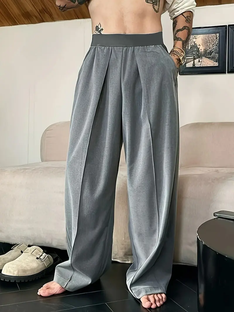Men's Solid Color Pleated Loose Wide-Leg Dress Pants