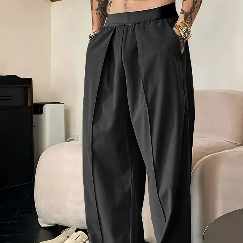 Men's Solid Color Pleated Loose Wide-Leg Dress Pants