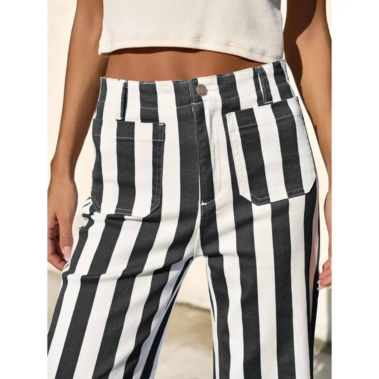 Womens Cropped Striped Jeans with Pockets