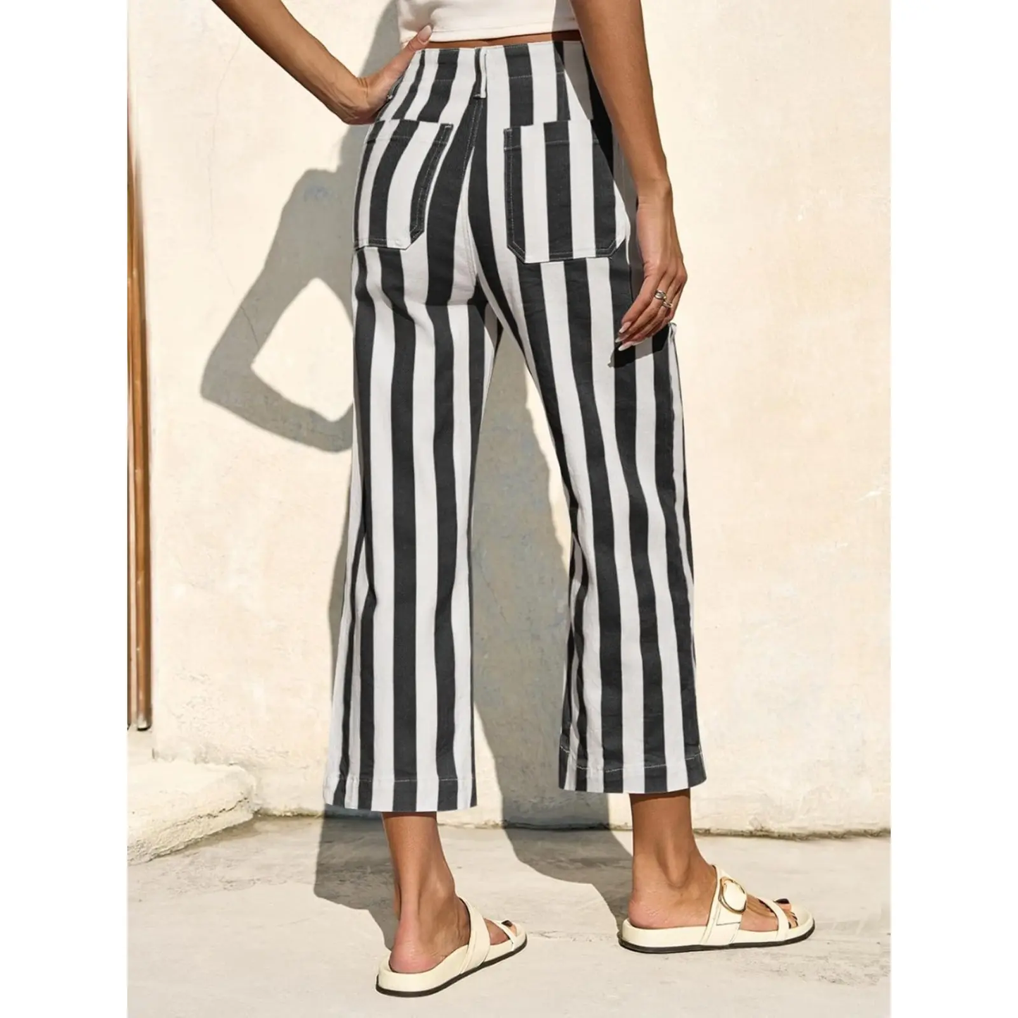 Womens Cropped Striped Jeans with Pockets