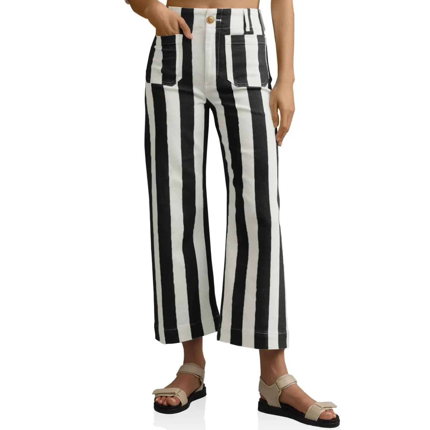 Womens Cropped Striped Jeans with Pockets