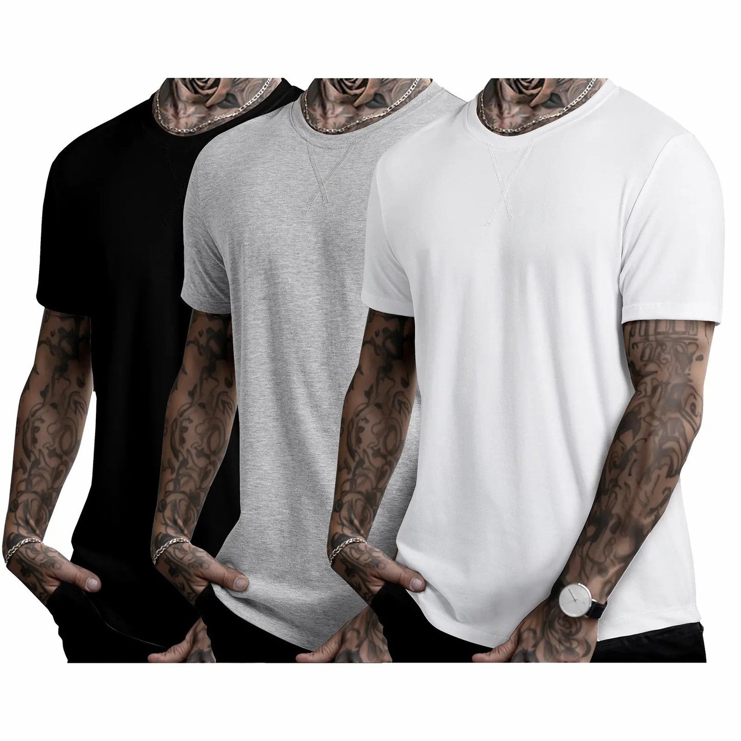 Mens 3 Pack Cotton Hipster Hip Hop Longline Crewneck T-Shirt