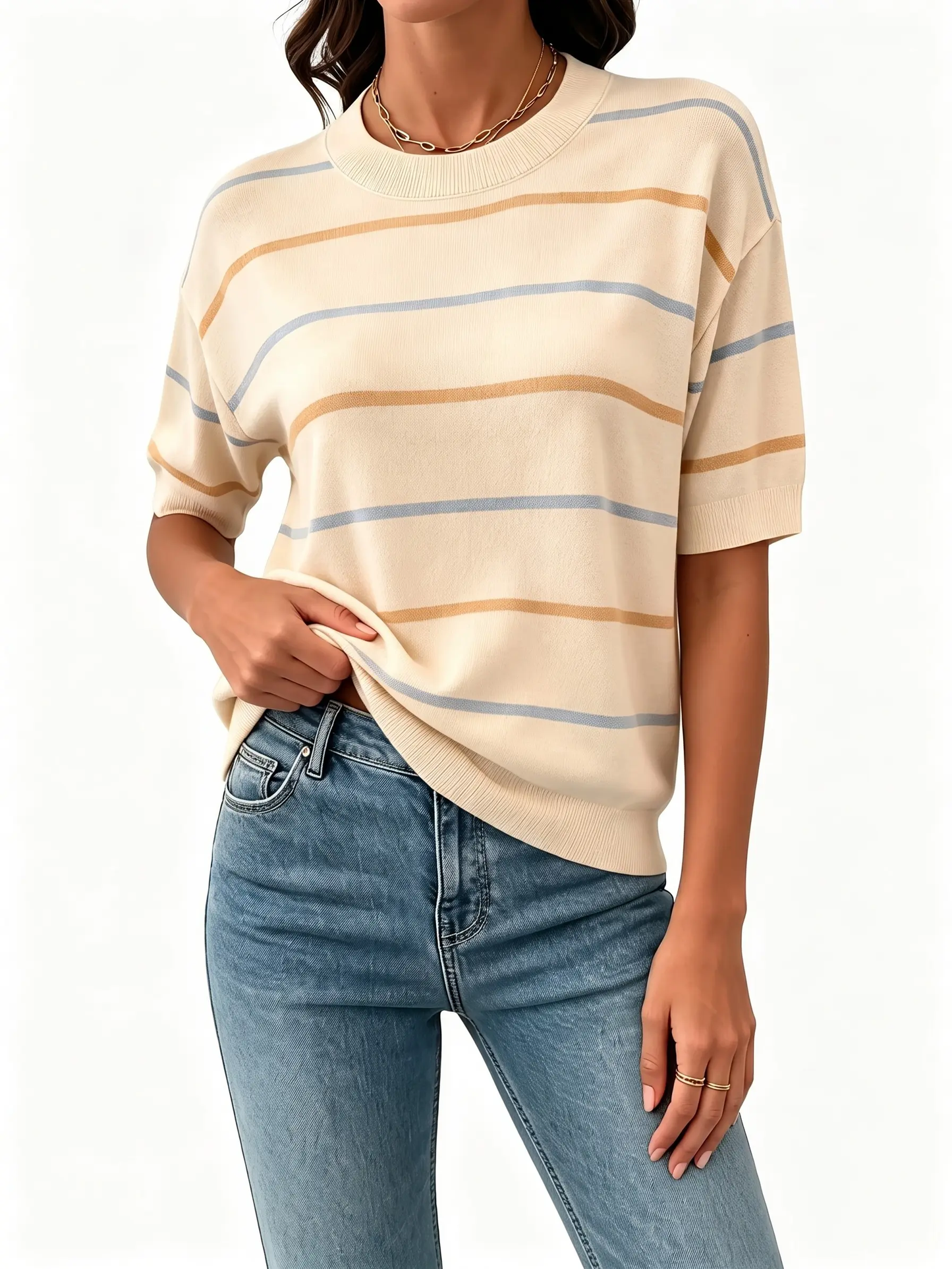 Women's Striped Knit Round Neck Shortsleeve Baggy Pullover