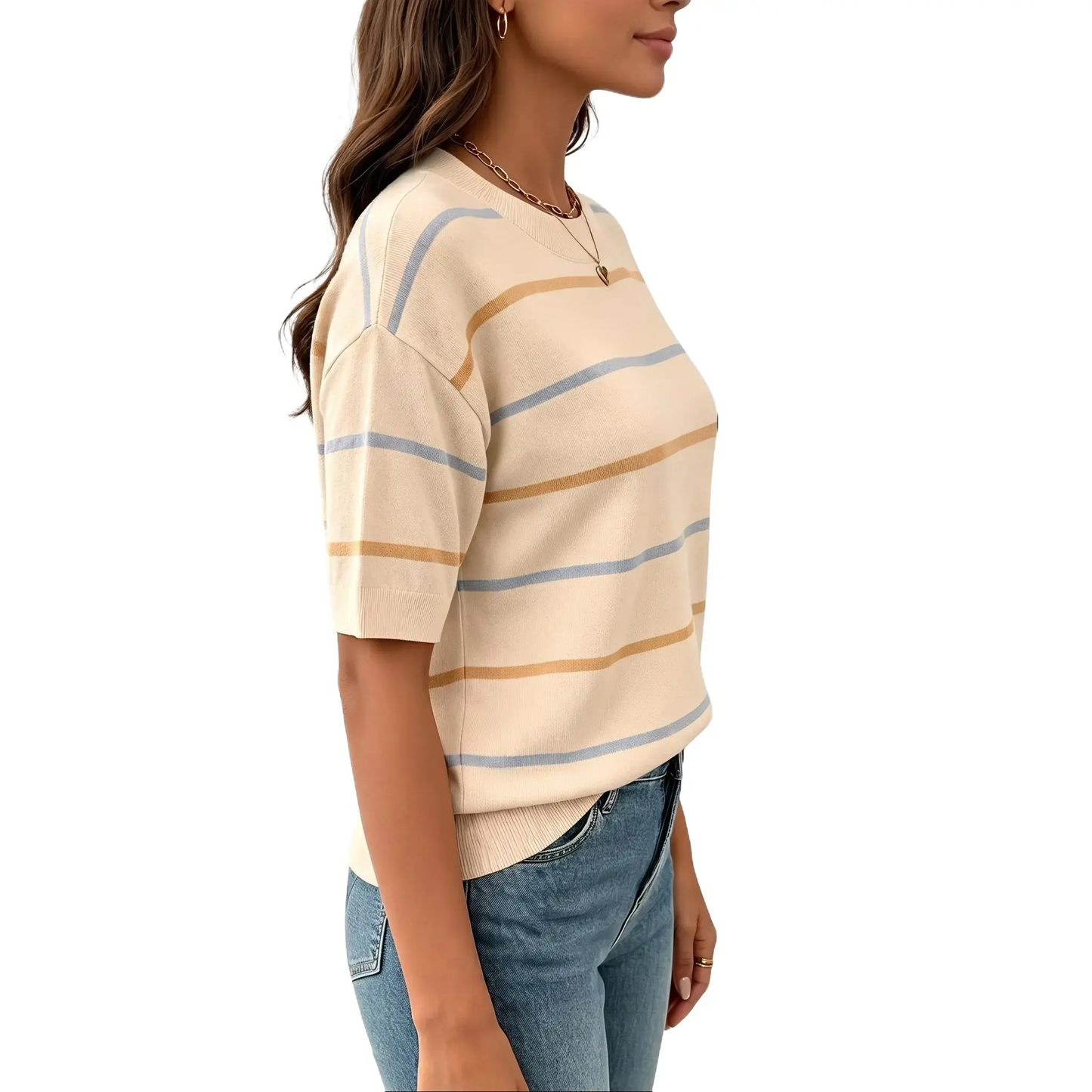 Women's Striped Knit Round Neck Shortsleeve Baggy Pullover