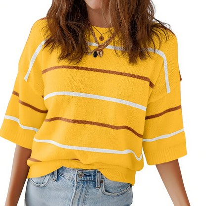 Women's Striped Knit Round Neck Shortsleeve Baggy Pullover