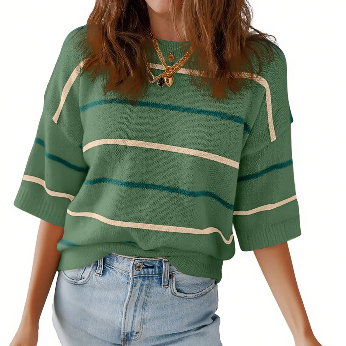 Women's Striped Knit Round Neck Shortsleeve Baggy Pullover