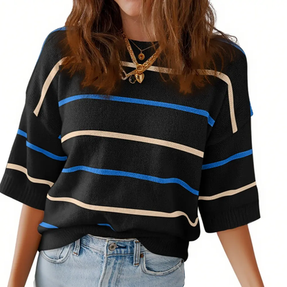Women's Striped Knit Round Neck Shortsleeve Baggy Pullover