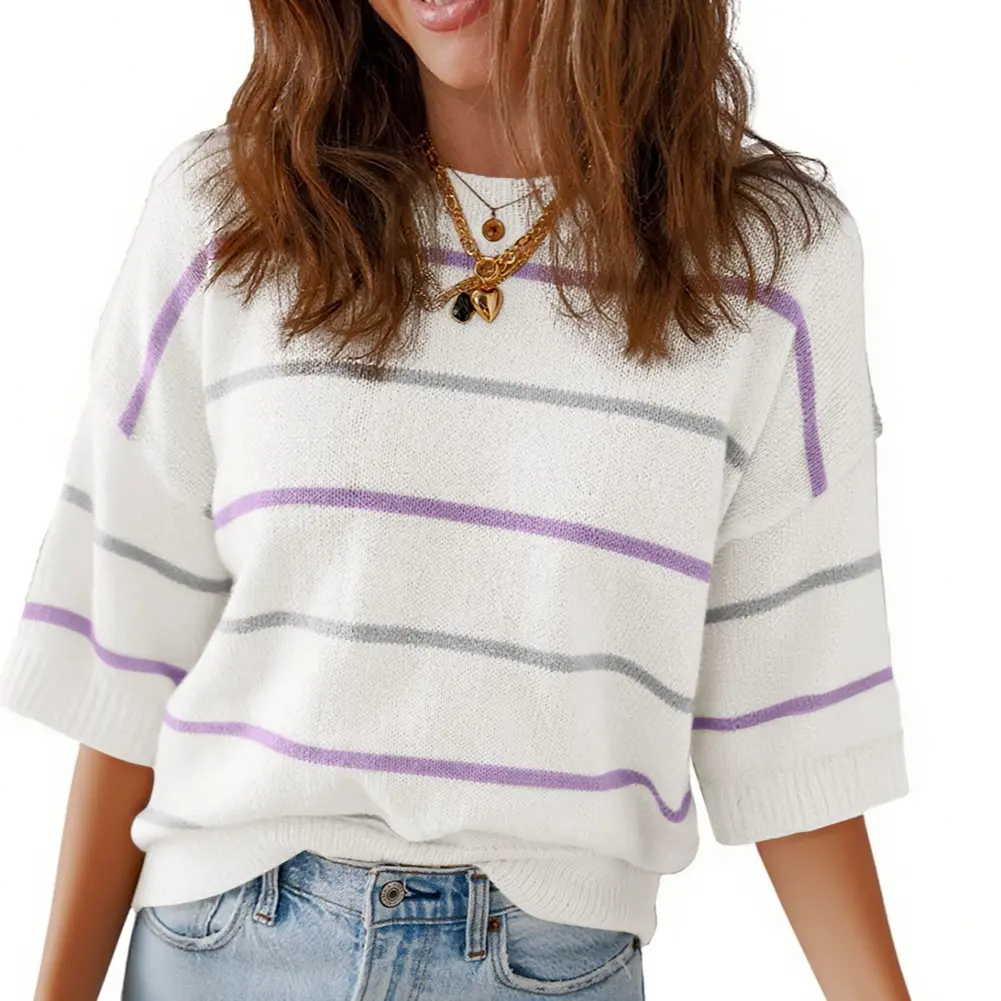Women's Striped Knit Round Neck Shortsleeve Baggy Pullover