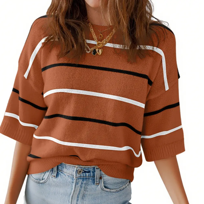 Women's Striped Knit Round Neck Shortsleeve Baggy Pullover