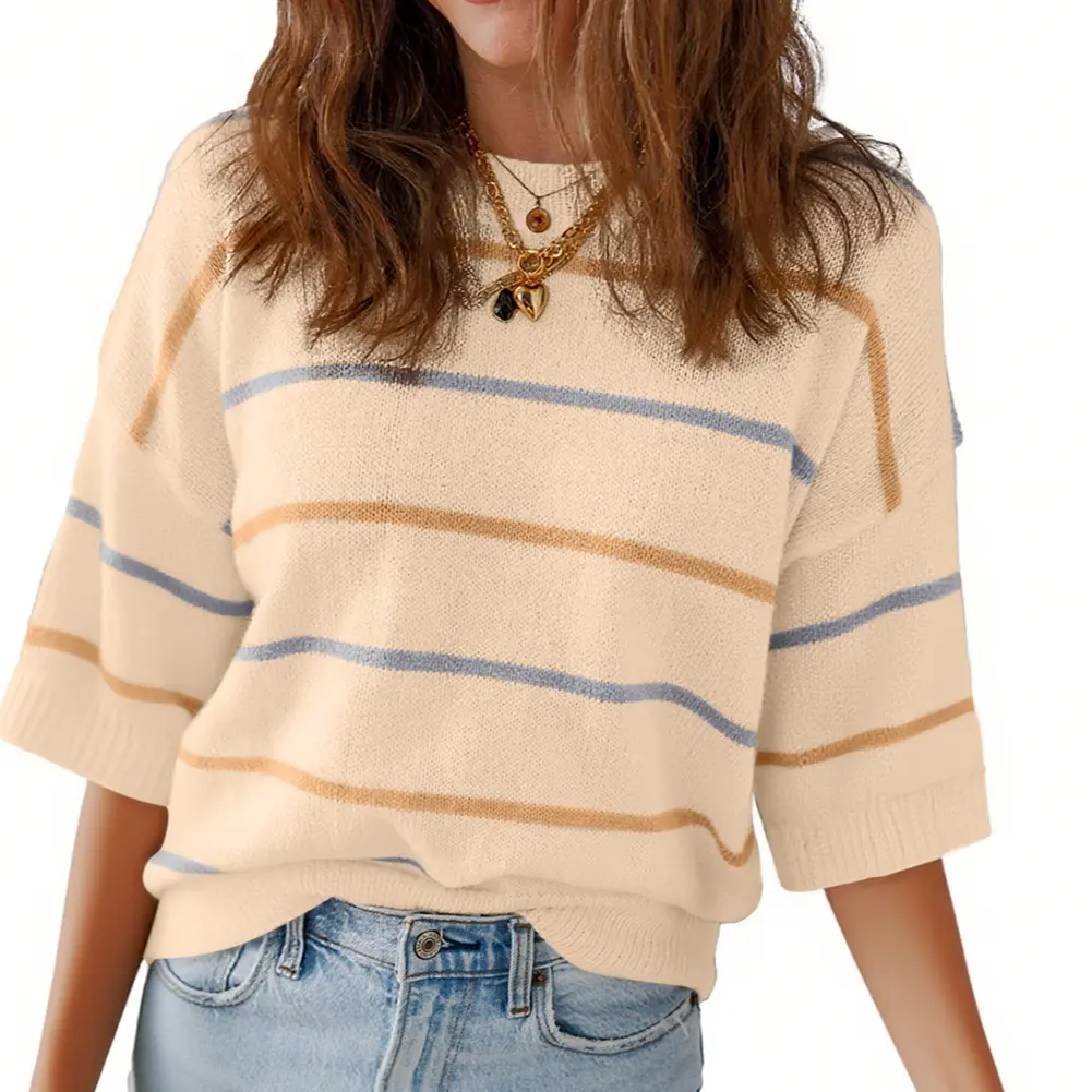 Women's Striped Knit Round Neck Shortsleeve Baggy Pullover