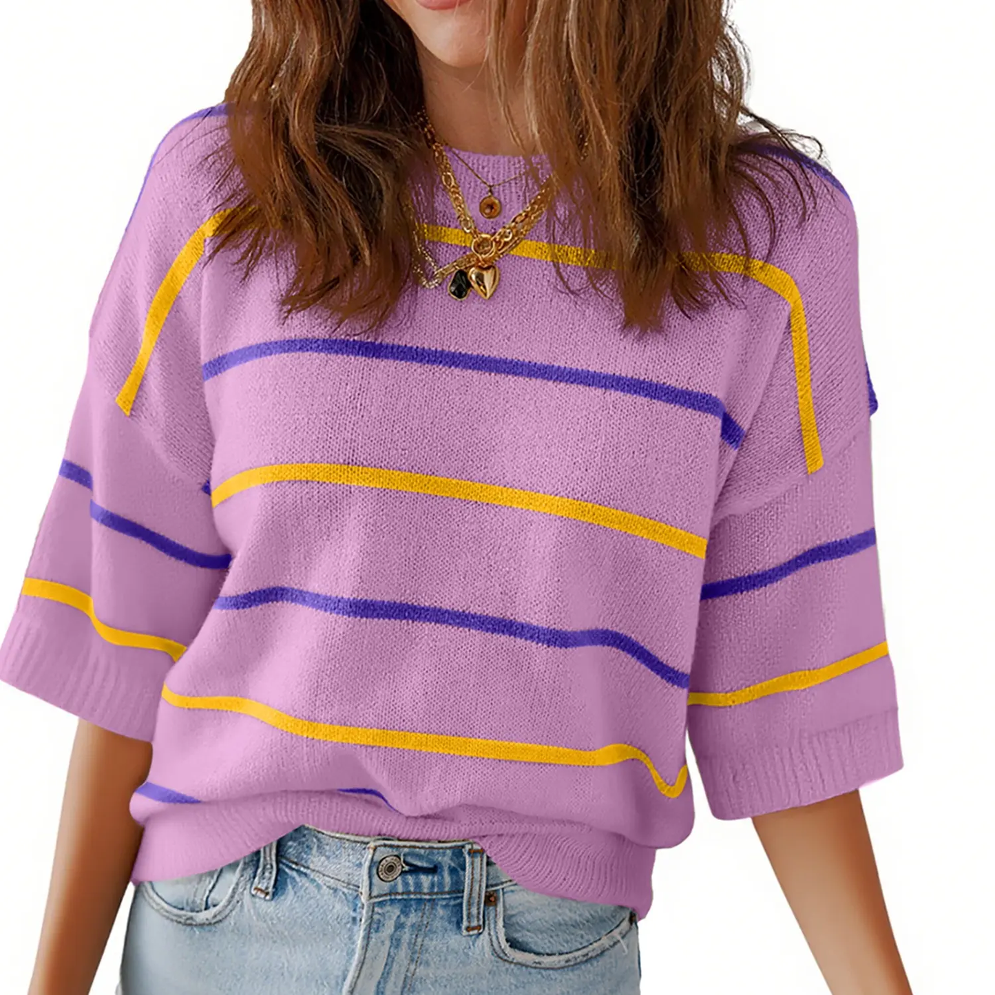 Women's Striped Knit Round Neck Shortsleeve Baggy Pullover