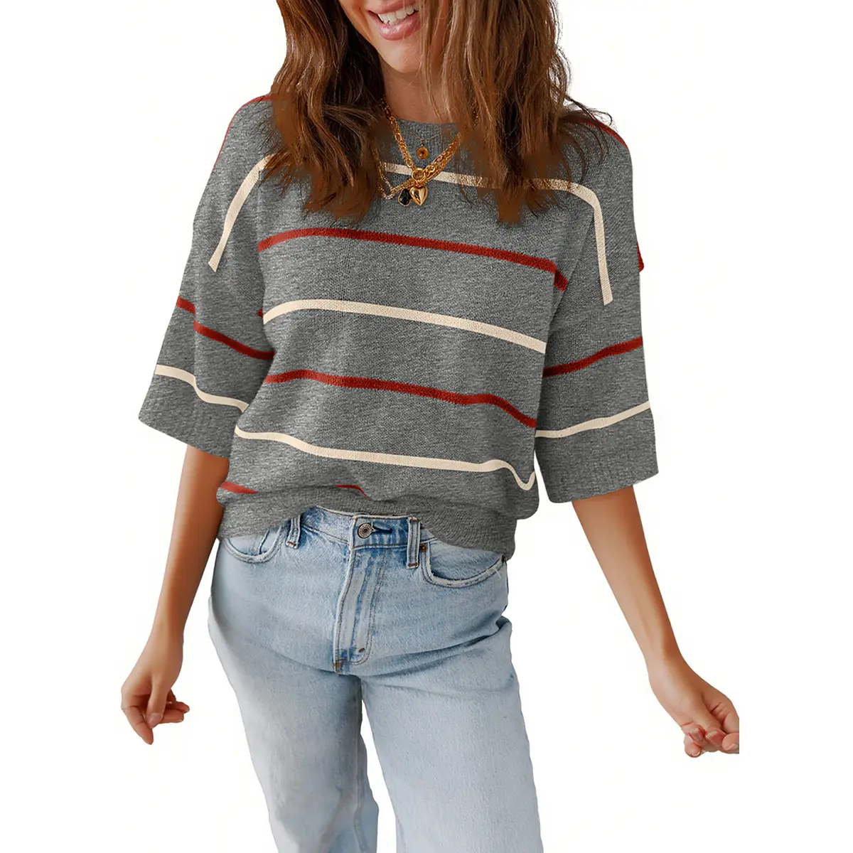 Women's Striped Knit Round Neck Shortsleeve Baggy Pullover