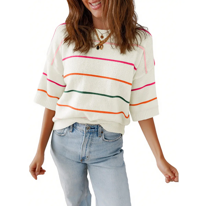 Women's Striped Knit Round Neck Shortsleeve Baggy Pullover