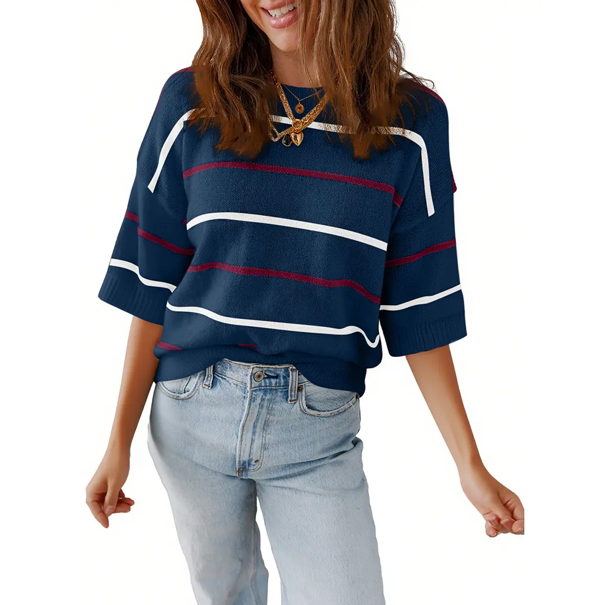 Women's Striped Knit Round Neck Shortsleeve Baggy Pullover