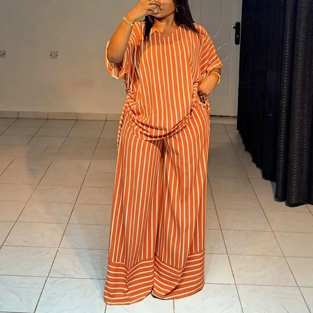 Summer new striped loose fashion casual women's V-neck thin and drape wide-leg pants suit
