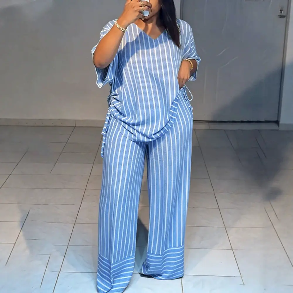 Summer new striped loose fashion casual women's V-neck thin and drape wide-leg pants suit
